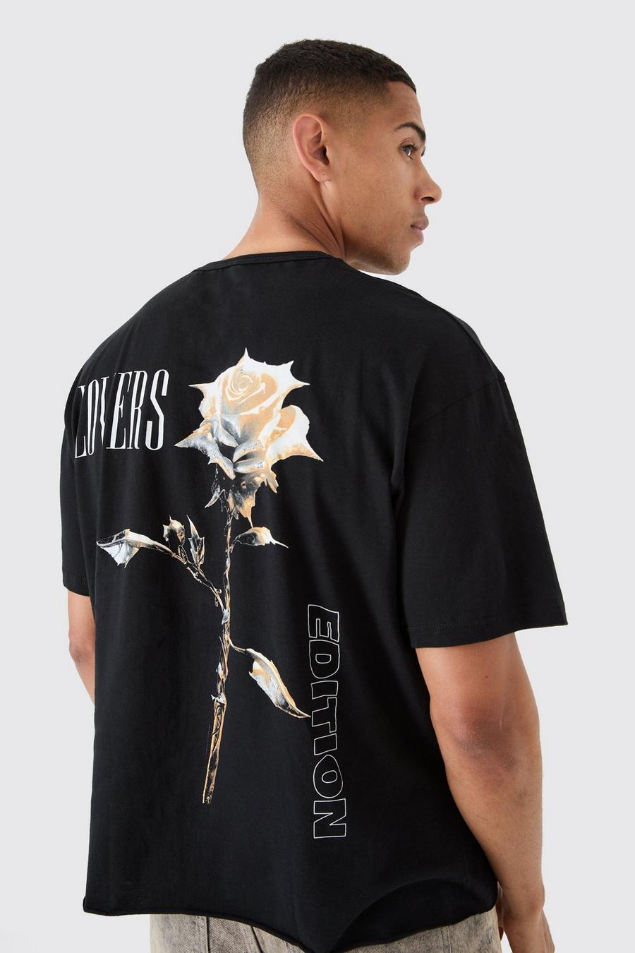 Camiseta oversize recta con estampado de rosas, Black