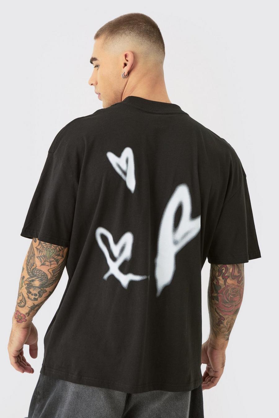 Camiseta oversize con cuello extendido y estampado de corazón, Black