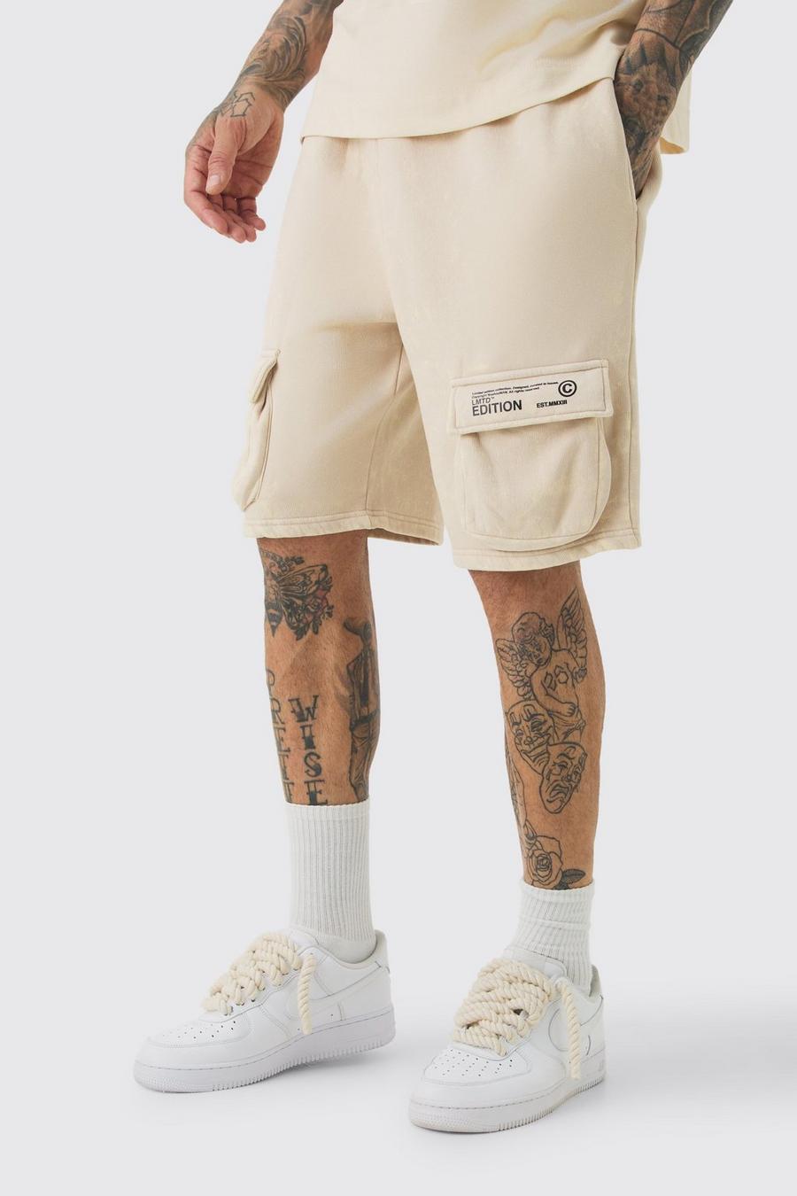 Tall Loose Fit Washed Cargo Jersey Short In Stone
