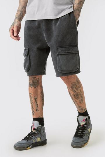 Black Tall Loose Fit Washed Cargo Jersey Knit Short In Black