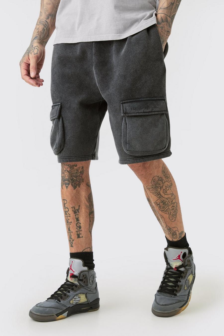 Tall Loose Fit Washed Cargo Jersey Short In Black image number 1