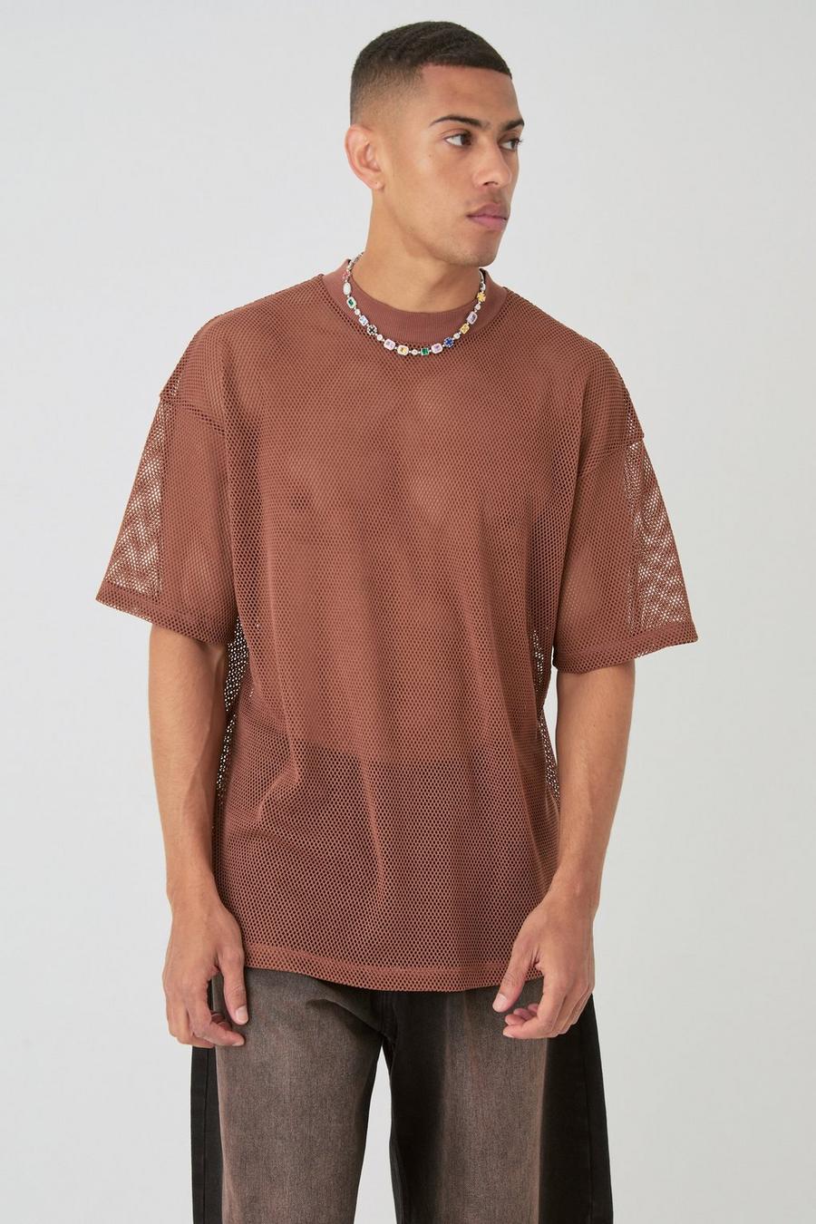 Chocolate Oversized Open Mesh T-shirt image number 1
