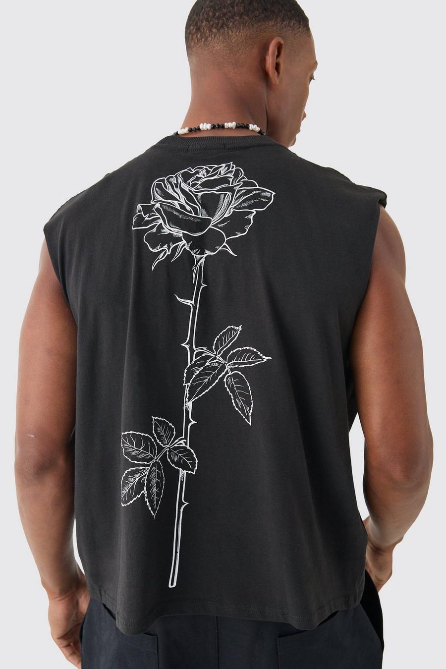 Camiseta sin mangas oversize recta crop con estampado de rosas, Black image number 1