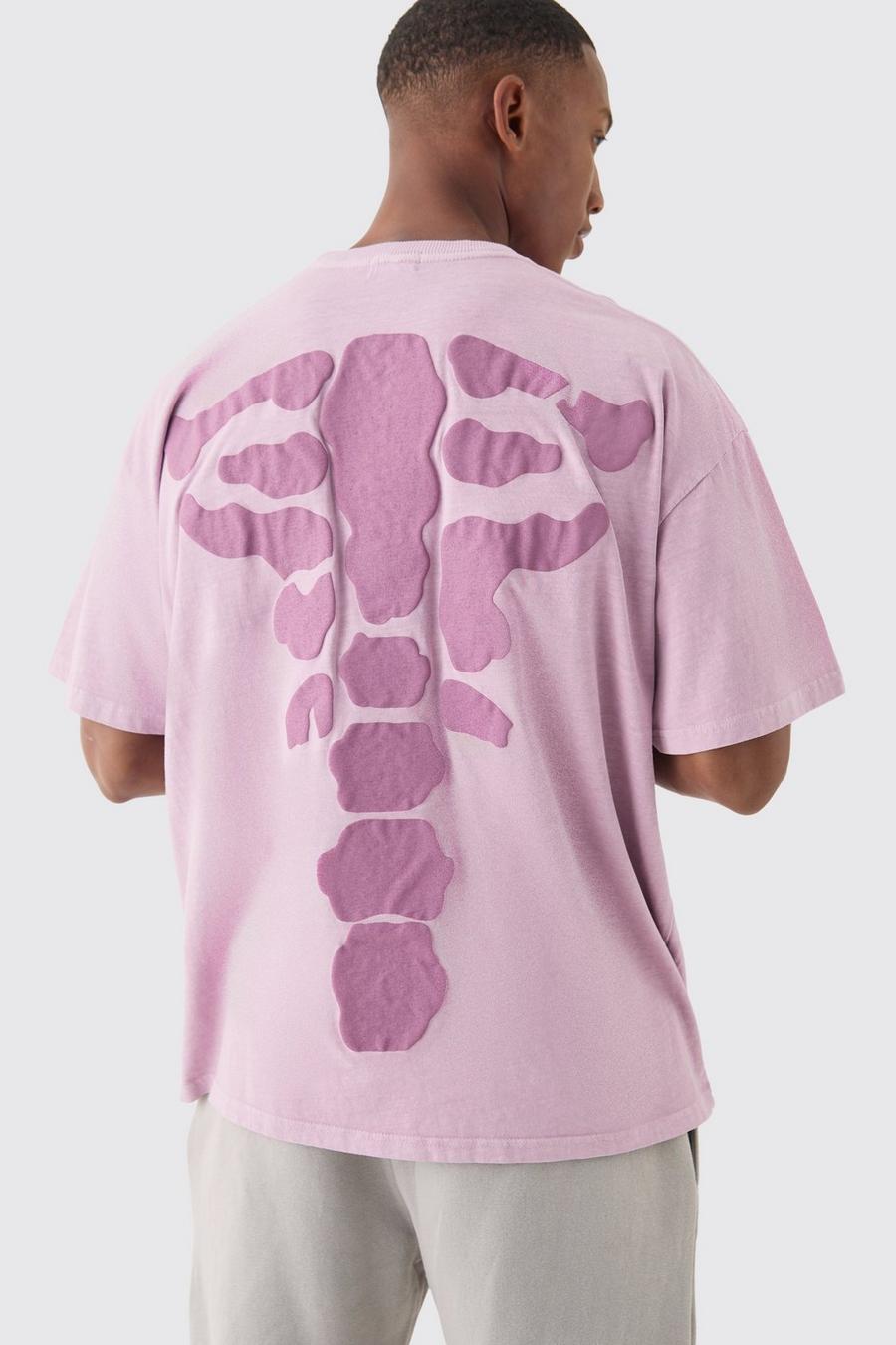T-shirt oversize slavata con stampa di scheletro sul retro, Dusty pink