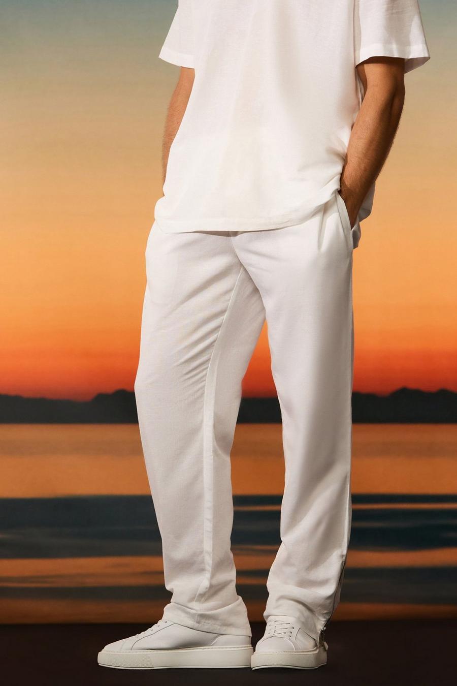 Pantalon droit en lin à taille élastiquée, White