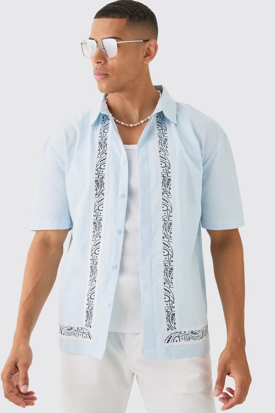 Light blue Concealed Placket Linen Boarder Shirt image number 1