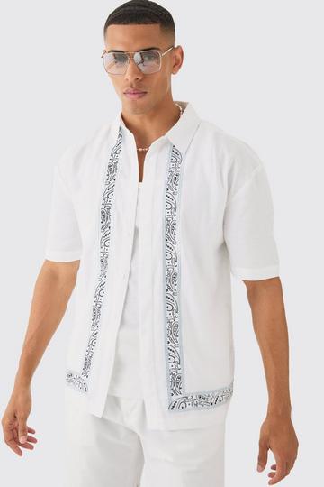 White Concealed Placket Linen Boarder Shirt