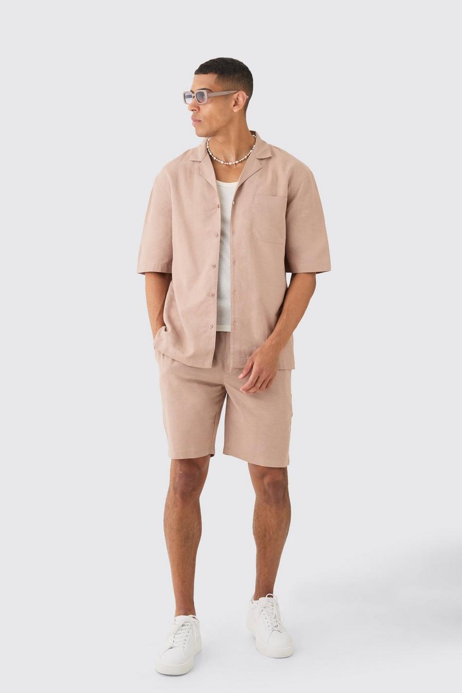 Taupe Skjorta och shorts i linnetyg med fickor