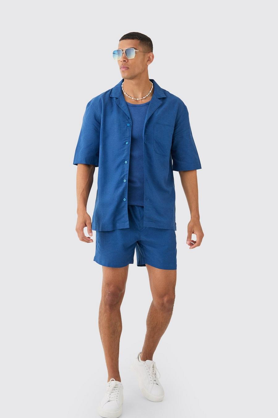 Conjunto de pantalón corto y camisa de lino con bolsillos, Navy