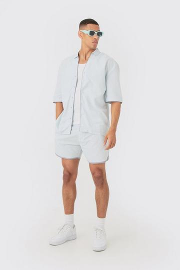 Dropped Revere Linen Piped Shirt & Smart Short Set light grey
