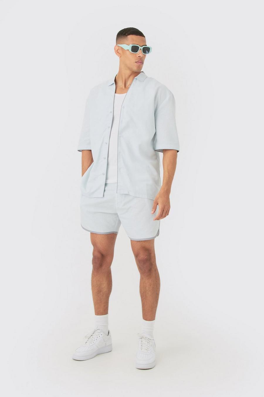 Light grey Dropped Revere Linen Piped Shirt & Smart Short Set