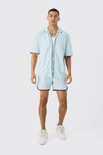 Dropped Revere Linen Piped Shirt & Smart Short Set light blue