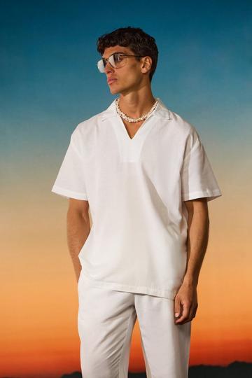 White Oversized Linen Dropped Neck Shirt