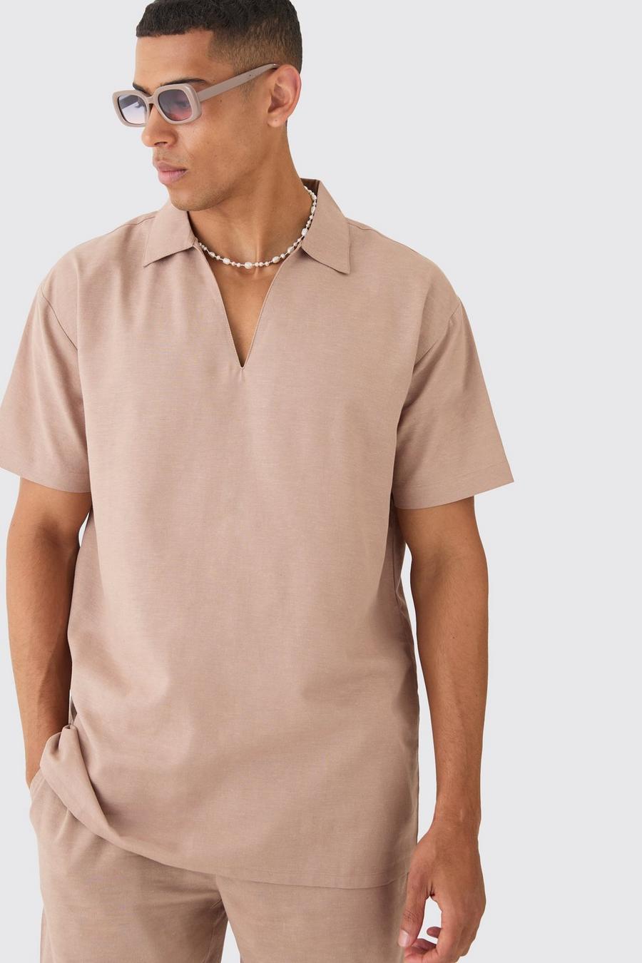 Taupe Oversized Linen Dropped Neck Shirt image number 1