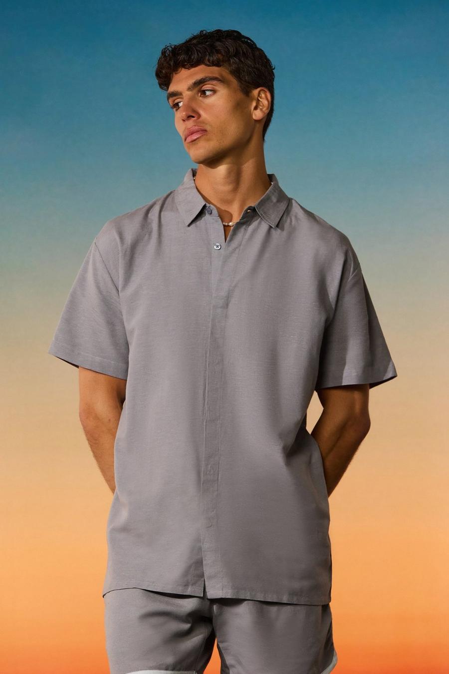 Dark grey Oversized Linen Concealed Placket Shirt image number 1
