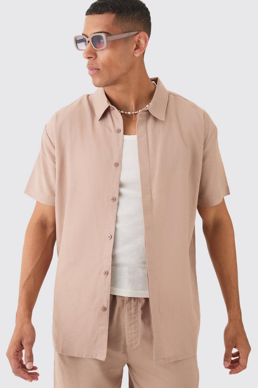 Taupe Oversize skjorta i linnetyg med dold knäppning