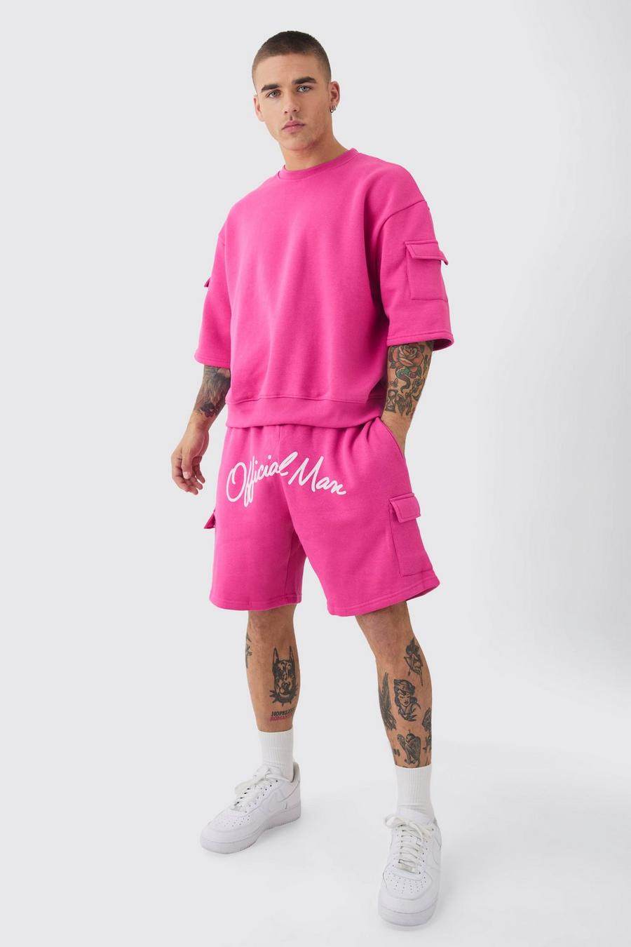 Pink Oversized Cargo Pocket Half Sleeve Sweatshirt And Short Set