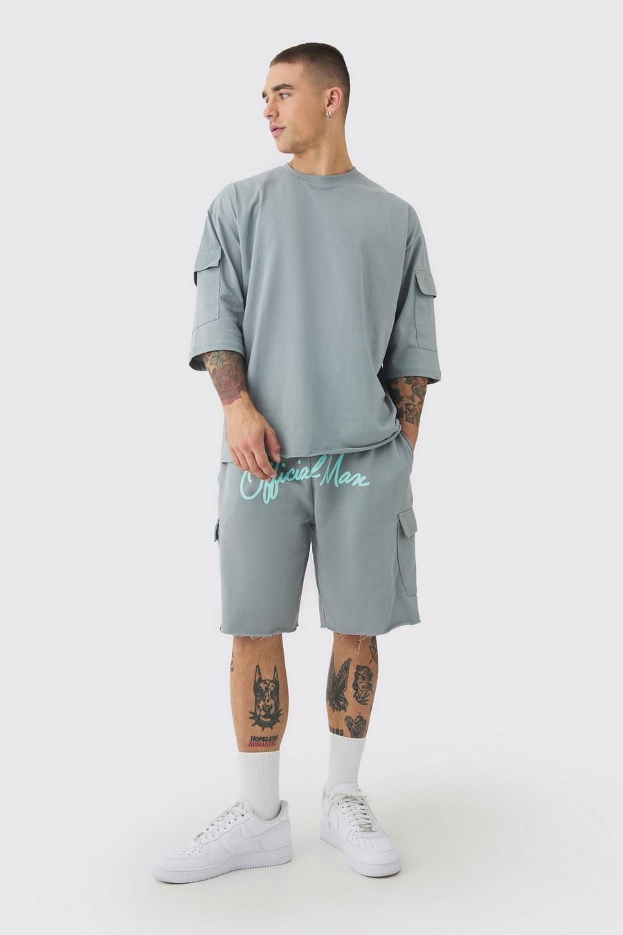 Grey Oversized Half Sleeve Raw Hem Cargo T-shirt & Short Set 