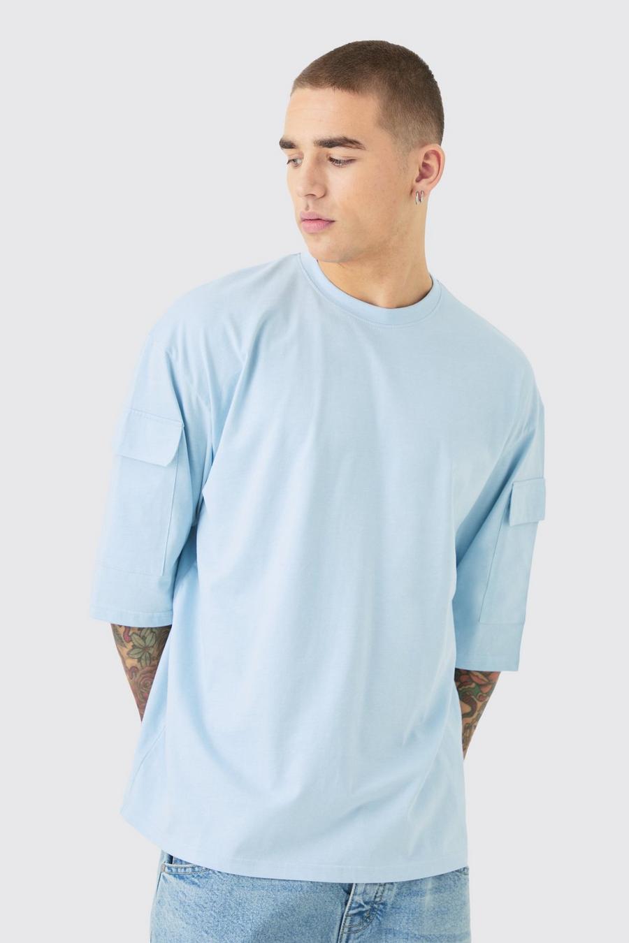 Light blue Oversized T-Shirt Met Cargo Zakken En Halve Mouwen