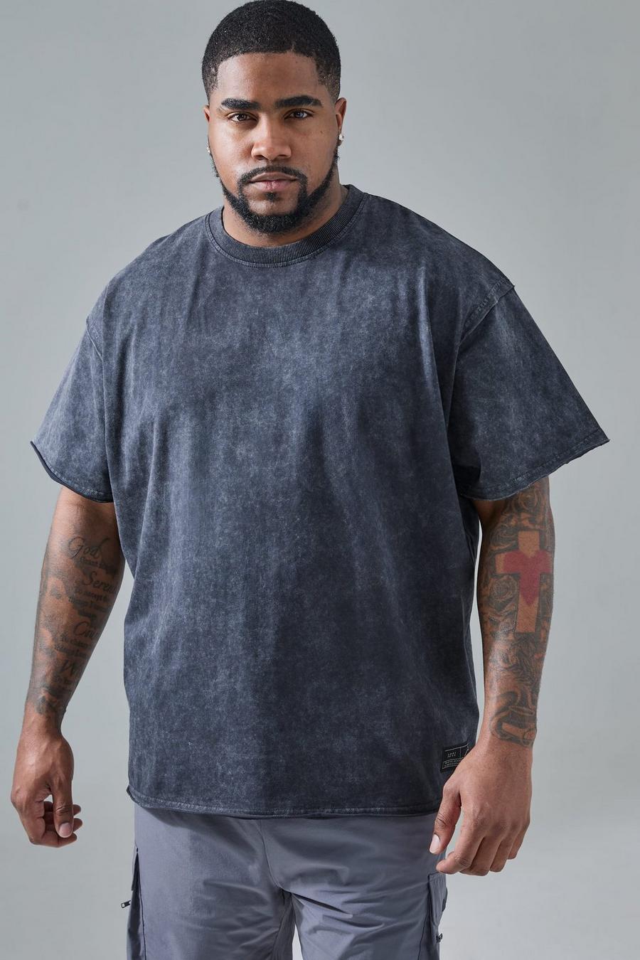 Plus Oversize Man Active T-Shirt mit Acid-Waschung, Black image number 1