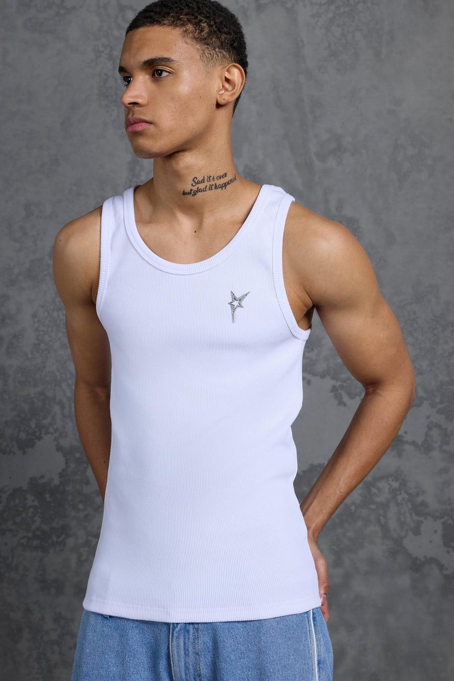 Geripptes Muscle-Fit Tanktop mit Metall-Sternen, White