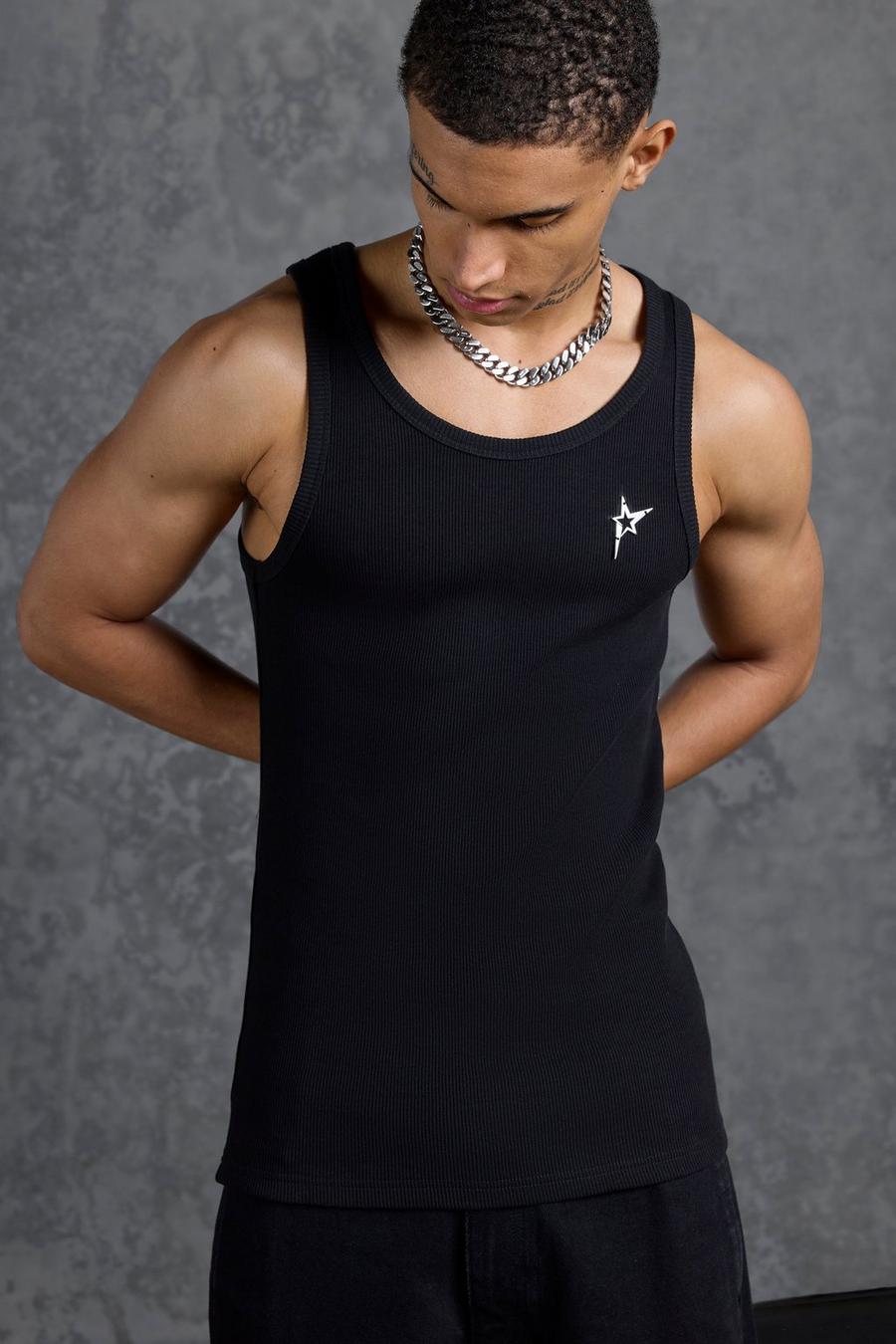 Black Gunna Muscle Fit Metal Branded Ribbed Vest image number 1
