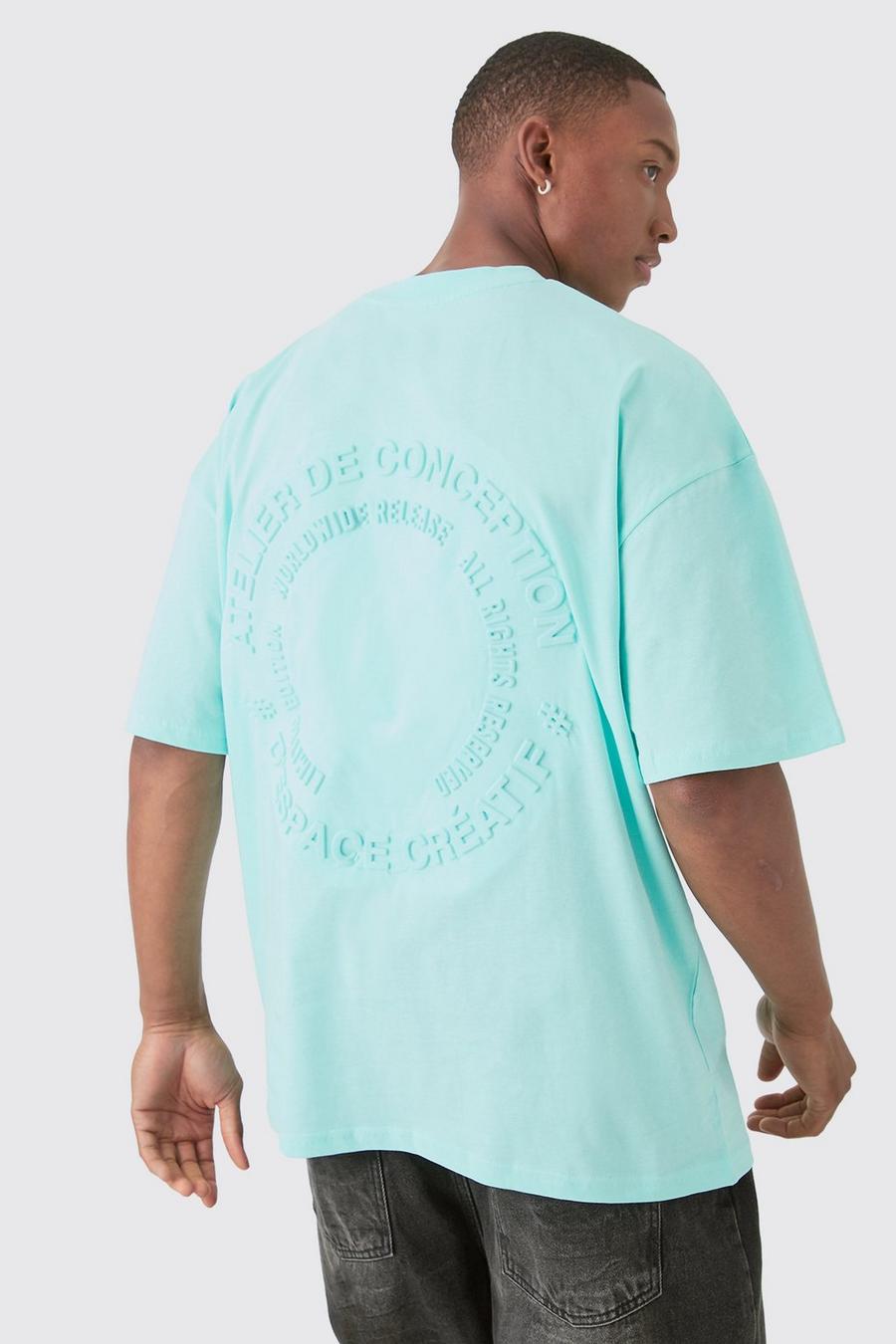 Blue Oversized Extended Neck Circle Embossed T-shirt