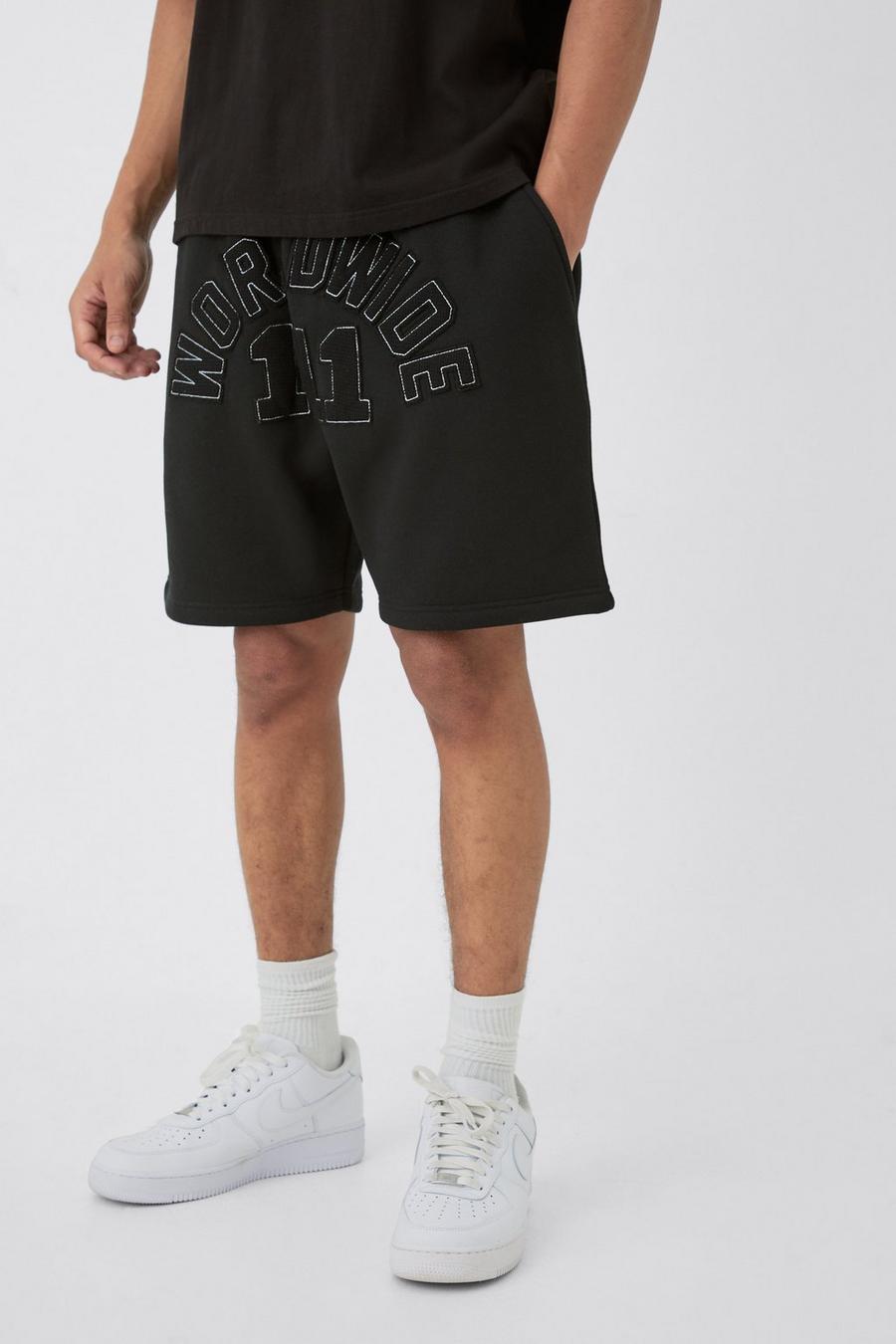 Black Relaxed Mid Length Waffle Applique Shorts image number 1