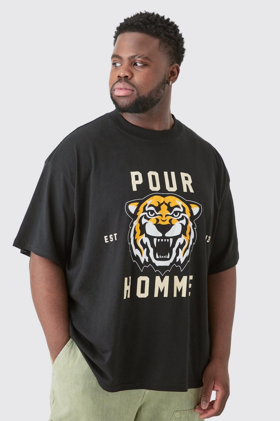 Camiseta Plus oversize con estampado gráfico Pour Homme de tigre, Black image number 1