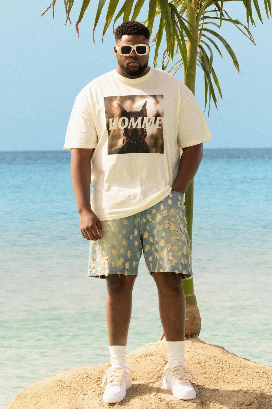 Camiseta Plus oversize con estampado gráfico Homme de dóbermann, White image number 1