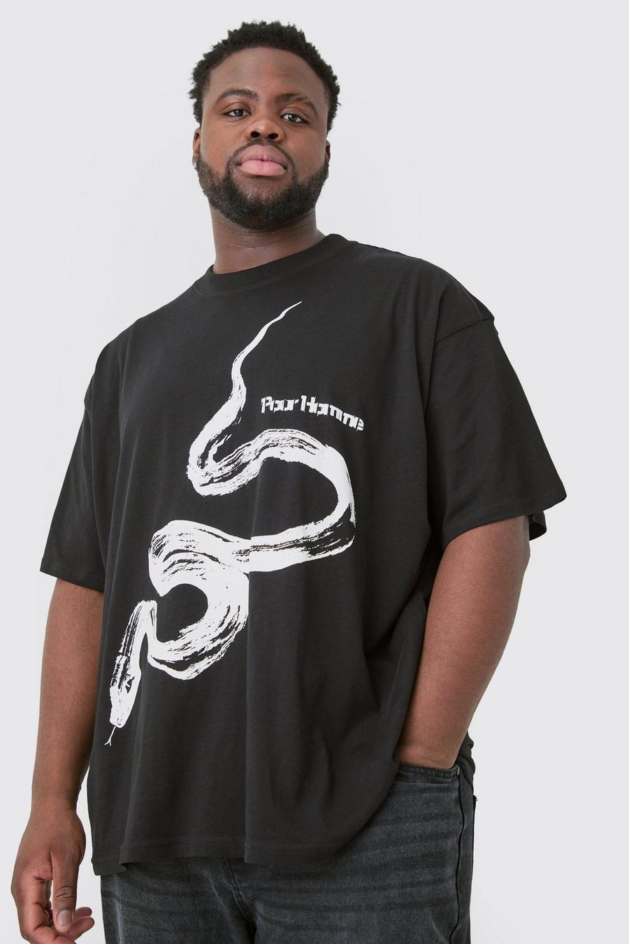 Plus Oversize T-Shirt mit Pour Homme Schlagenprint, Black image number 1