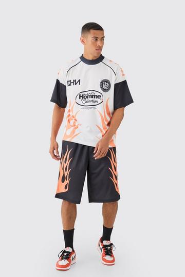 Oversized Extended Neck Mesh Flame T-shirt & Jorts Set black