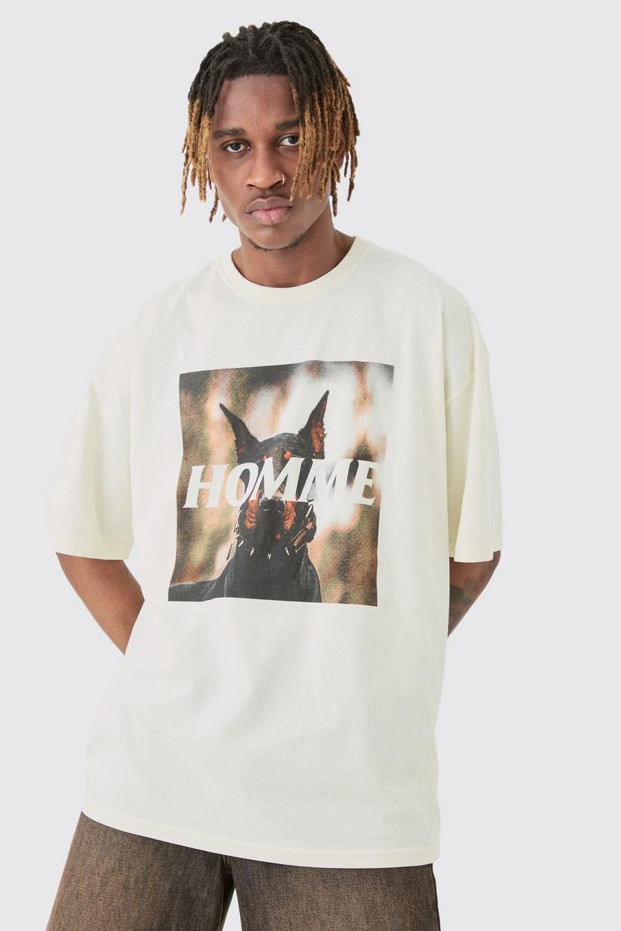 Tall Homme Dobermann Printed Graphic Oversized T-shirt, Ecru image number 1