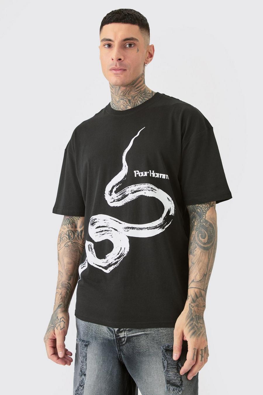 T-shirt Tall oversize Pour Homme con grafica di serpente, Black image number 1