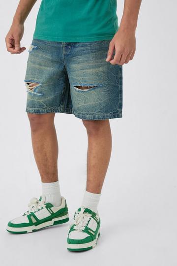 Relaxed Rigid Tinted Ripped Jean Shorts blue