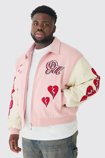 Pink Plus Boxy Heart Applique Varsity Bomber