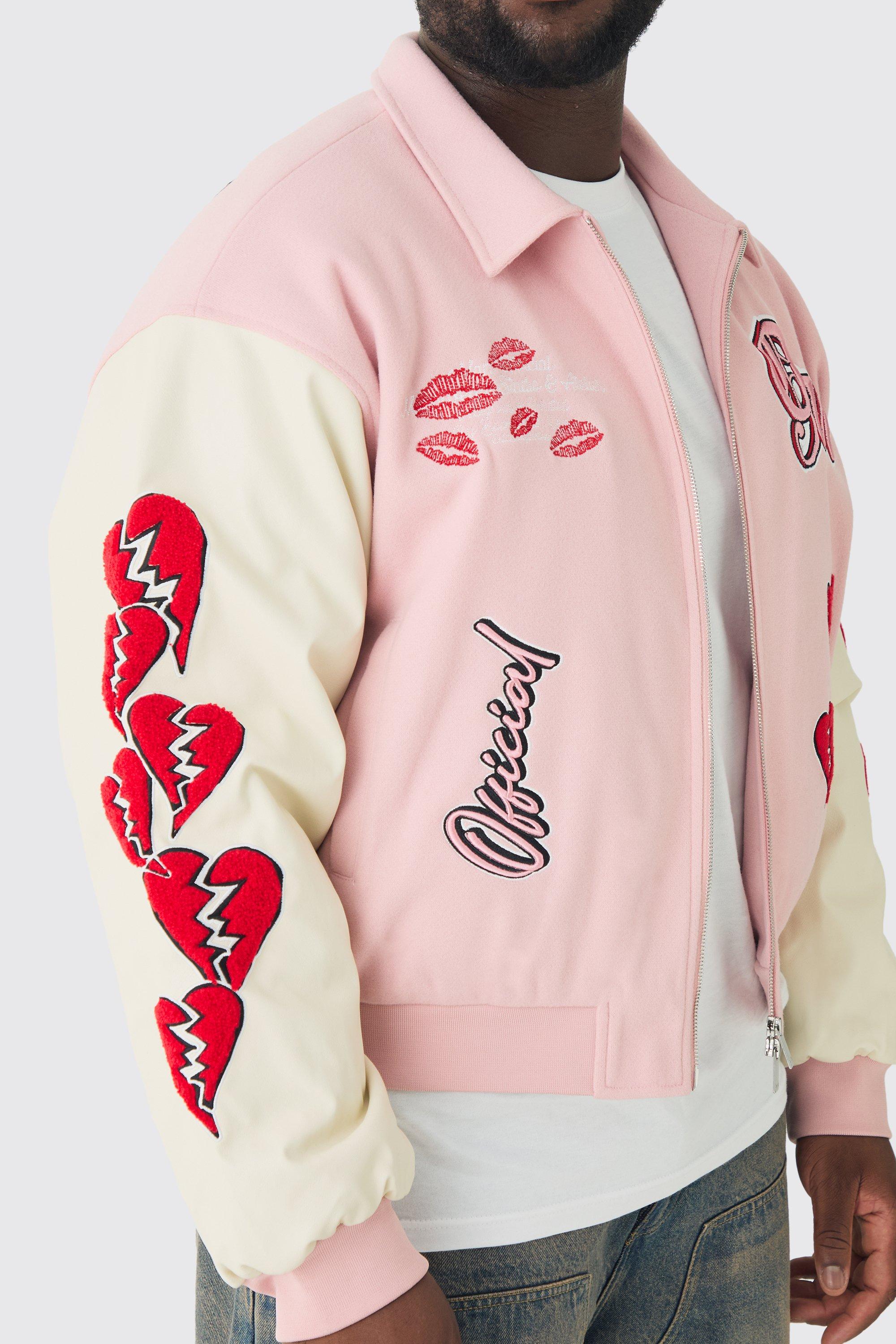 Plus Boxy Heart Applique Varsity Bomber Jacket | boohoo USA