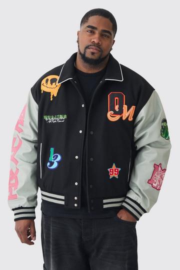 Plus Boxy Melton PU Varsity Badge Jacket black