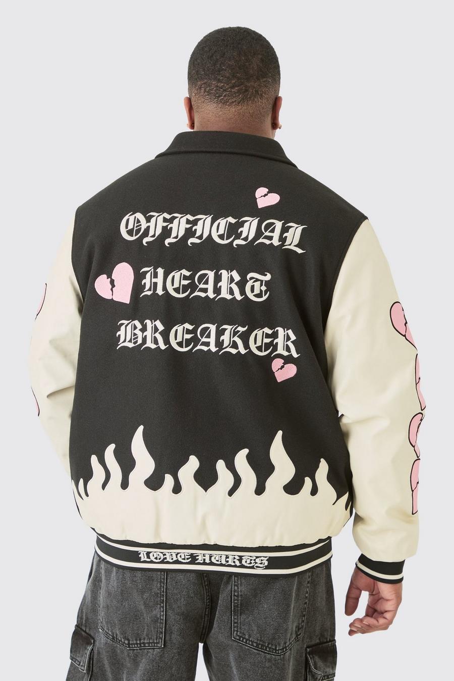 Black Plus Heart Breaker Badge Pu Sleeve Bomber image number 1