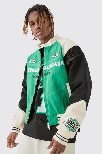 Green Tall Boxy Twill Biker Panel Moto Jacket