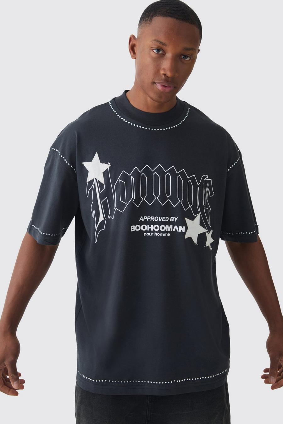 Black Oversized Extended Neck Applique Star Rhinestone T-shirt image number 1