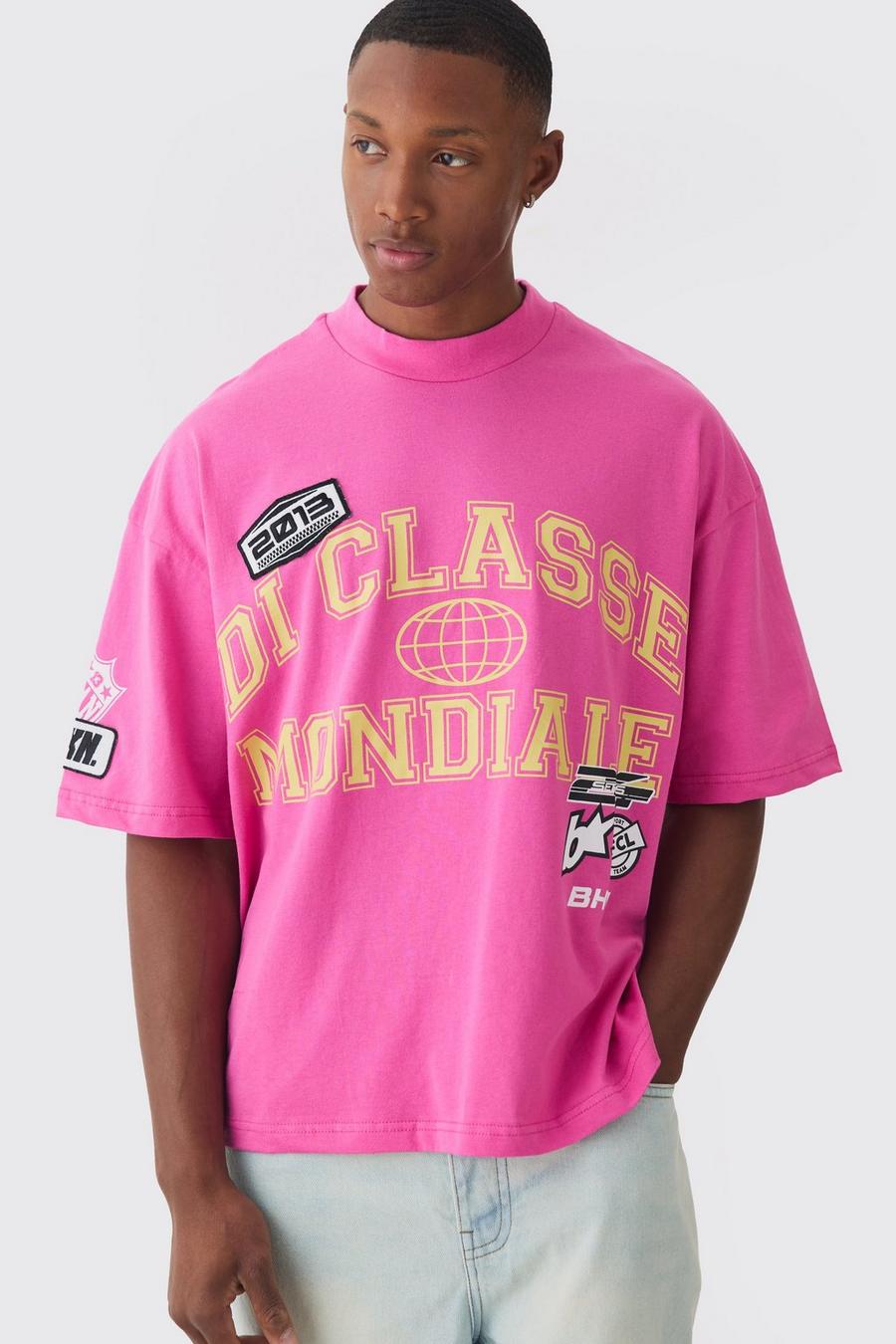 Pink Oversized Boxy Extended Neck Applique Badge T-shirt image number 1