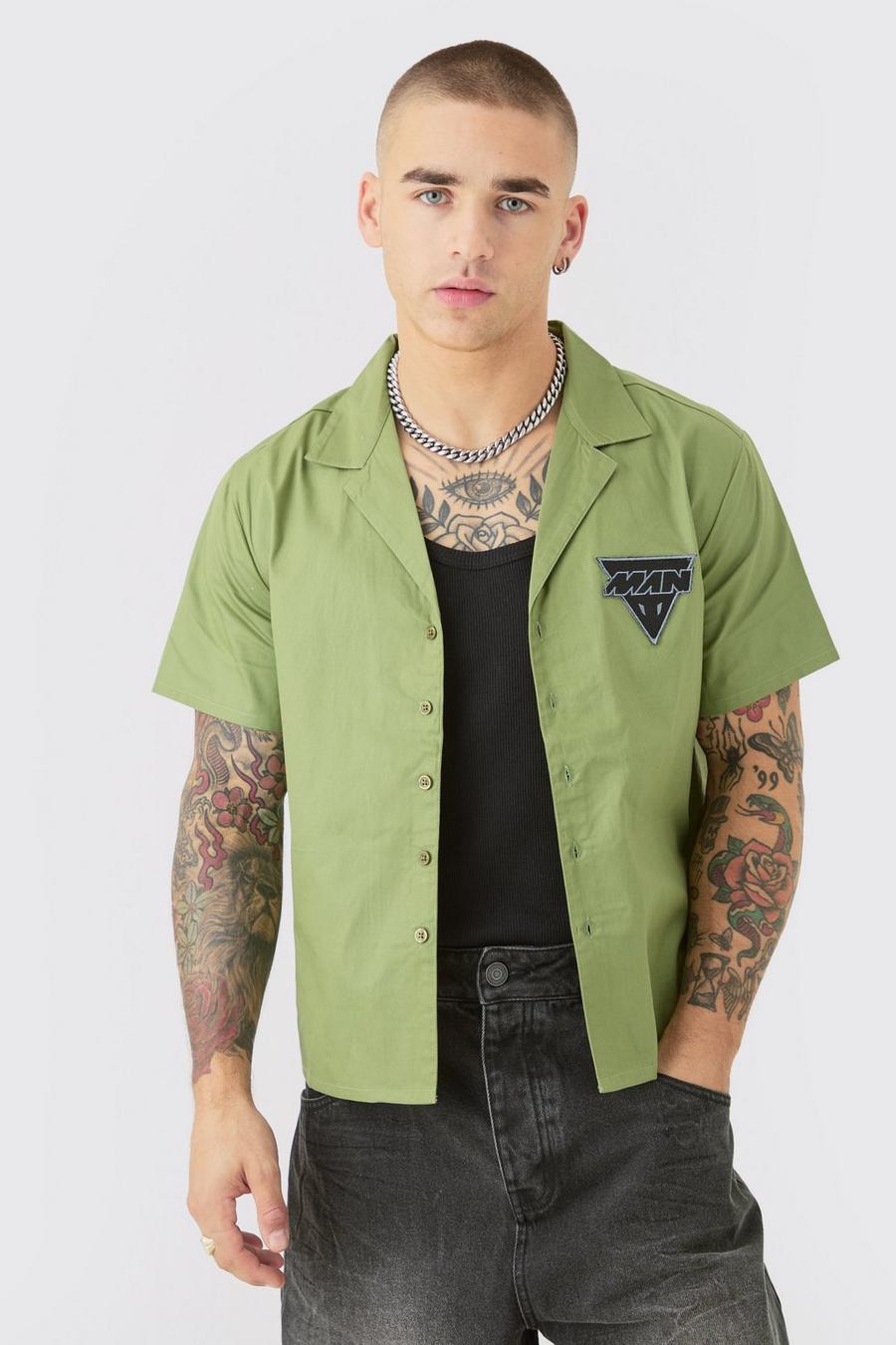 Green Boxy Short Sleeve Moto Poplin Shirt