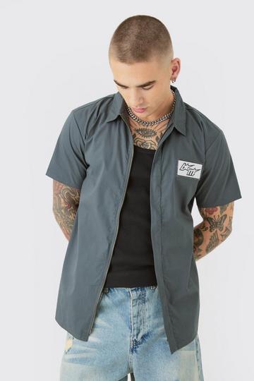 Short Sleeve Concealed Placket Moto Poplin Shirt charcoal