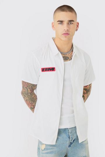 White Short Sleeve Concealed Placket Moto Poplin Shirt