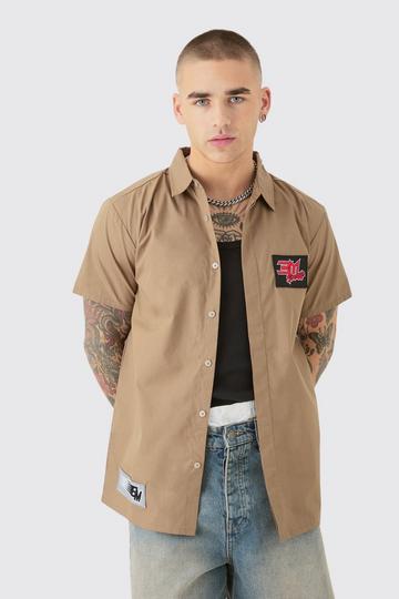 Short Sleeve Concealed Placket Moto Poplin Shirt taupe