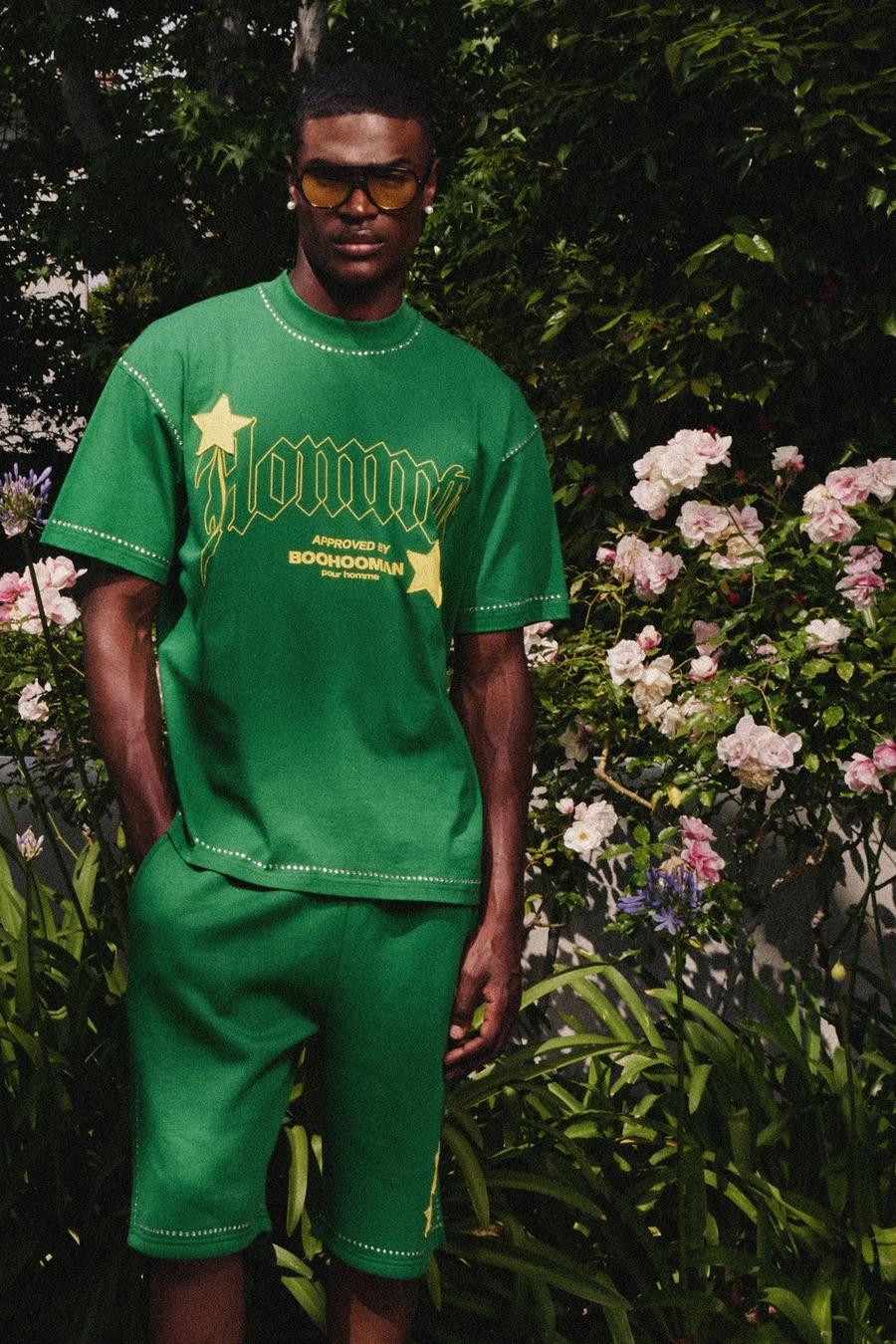 Green Oversized Extended Neck Star Rhinestone T-shirt & Shorts Set