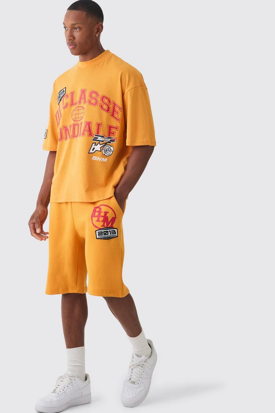 Orange Oversized Boxy Extended Neck Applique T-shirt & Short Set