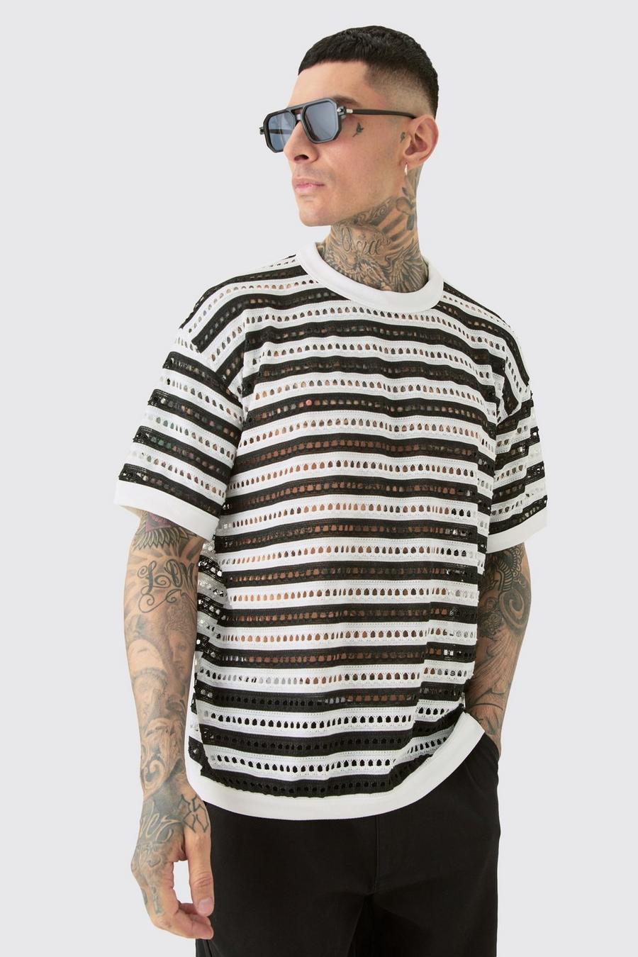 Black Tall Crochet Striped Oversized T-shirt image number 1