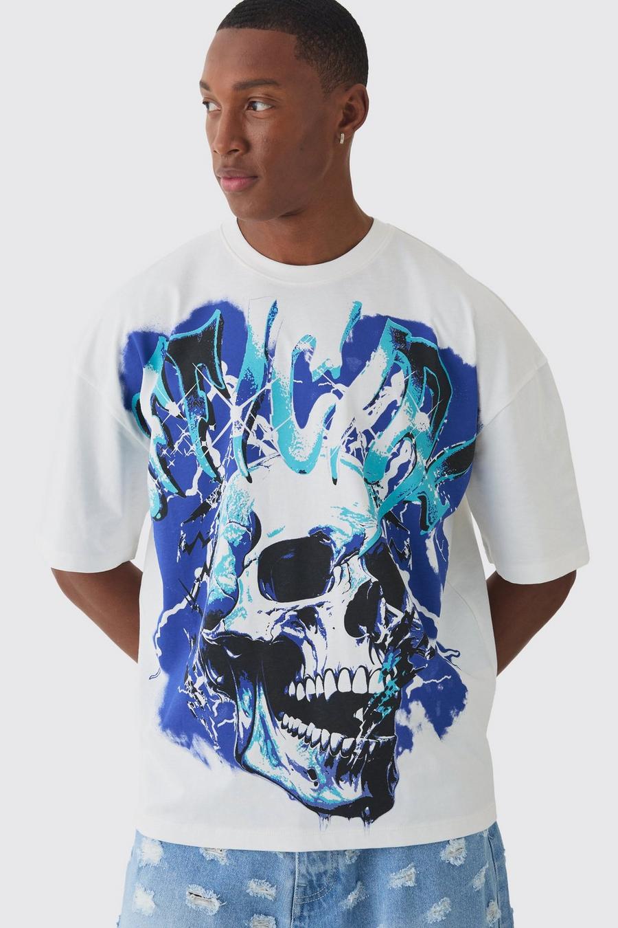 Ecru Oversized Boxy Extended Neck Official Skull Graphic T-shirt image number 1